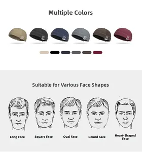 Detail view of cotton docker caps in six colors with side crown embroidery and fit guide