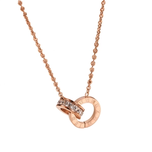 Rose gold interlocking double ring necklace with crystals and roman numeral engraving