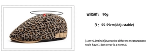 Détails du béret à imprimé léopard avec tour de tête réglable 55-59cm et poids de 90g