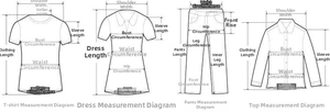 Size guide detailing precise measurements for T-shirts, dresses, pants, and tops