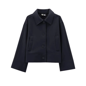 Veste courte femme en laine mélangée bleu foncé avec col à revers et boutons sur le devant