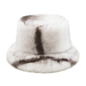 Close-up of thick faux fur bucket hat featuring white and grey marble texture patterns