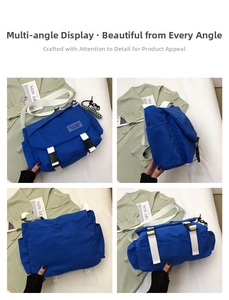 Detailed four-way view of blue nylon messenger bag showing front side and bottom angles