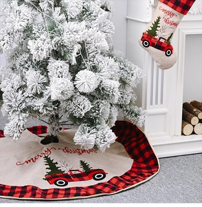 Classic buffalo plaid Christmas tree skirt with red truck embroidery and matching stocking