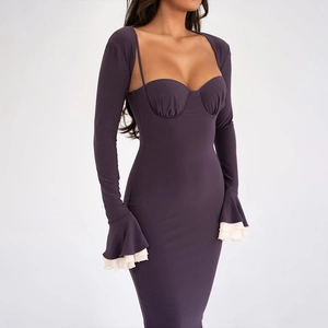 Slim fit dark purple bodycon dress set with ruffled long sleeve bolero and bustier top