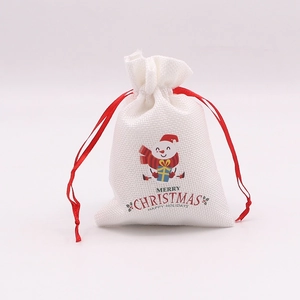 Lot de 8 sacs cadeaux de Noël en lin blanc avec bonhomme de neige et cordon rouge