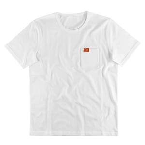 Classic men's white crew neck cotton T-shirt with chest pocket and orange logo tag