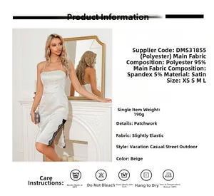 Detailed size chart for beige satin mini dress with lace patchwork and material specs
