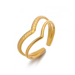 Minimalist double layered gold wave V-ring in polished and textured stainless steel