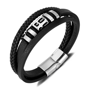 Men's multilayer braided black leather bracelet with stainless steel magnetic clasp
