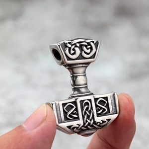 Solid stainless steel Mjolnir pendant necklace with Nordic Celtic knot engravings