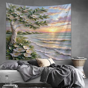 Detalle de tapiz decorativo con flores 3D y atardecer en la playa para pared de dormitorio