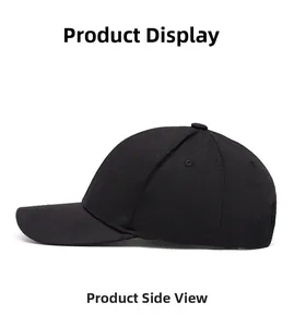 Side view of a minimalist black cotton baseball cap with curved brim and breathable eyelets