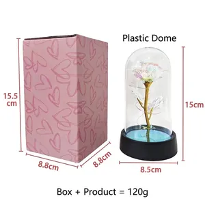 Rainbow gold foil rose in plastic dome with LED lights and pink heart gift box