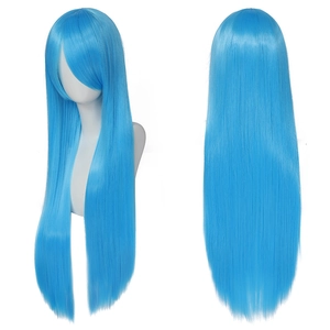 Detail view of 80cm long straight blue cosplay wig displayed on a professional mannequin