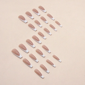 Long coffin press-on nails with white glitter French V-tips and nude base color