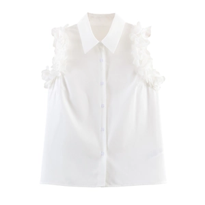 Women Sleeveless Blouse Polyester Lapel Collar Button Down Ruffle Shoulder 3D Flower Sweet White Top