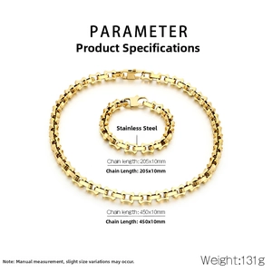 Close-up of golden stainless steel hollow link necklace and bracelet set jewelry