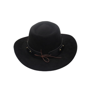 Classic black suede cowboy hat with studded leather band and brown decorative tether