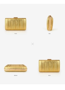 Detailed four-way view of golden pleated evening clutch bag from front, side, and back