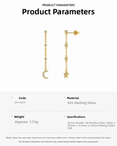 Detailed specs for 925 silver 18K gold moon and star earrings with 5A cubic zirconia