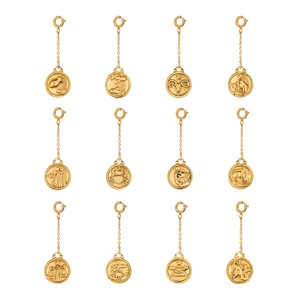 Set of twelve gold stainless steel zodiac pendants with chains and spring clasps