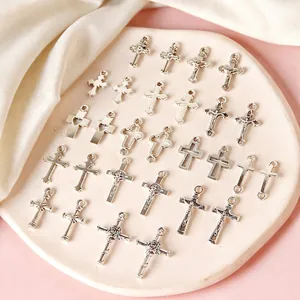 Vintage silver alloy cross and heart pendant set with rose details for DIY jewelry making