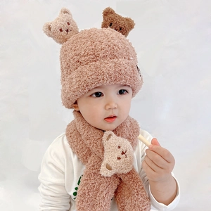 Cozy baby winter set with knitted bear beanie and matching scarf in light brown