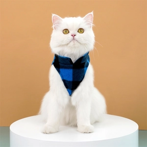 Detailed view of blue and black plaid pet bandana on a white long-haired cat