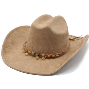 Bohemian style khaki wide brim cowboy hat with turquoise beads and tassel trim