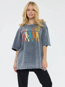 Oversize βαμβακερό T-shirt με ρετρό disco στάμπα και vintage γκρι υφή υφάσματος
