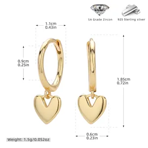 Size chart for 925 sterling silver heart earrings showing dimensions and zircon specs