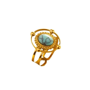 Vintage gold stainless steel ring with oval turquoise stone in a bohemian tiered design