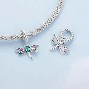 S925 sterling silver dragonfly charm with colorful cubic zirconia for DIY bracelets