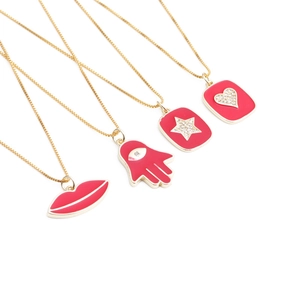 Zircon Pendant Necklace Copper Red Enamel Heart Star Hamsa Hand Lip Shape Gold Plated Fashion Jewelry For Women