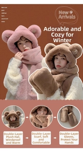 Close-up detail of plush bear ears and soft double-layered thermal fabric on winter hood
