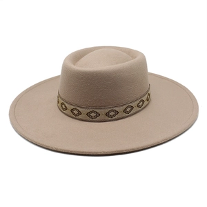 Detail view of beige wool felt fedora with stylish geometric embroidery ribbon