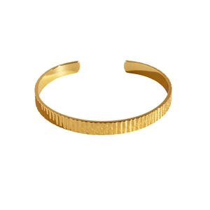 Polished golden open cuff bracelet featuring a unique vertical pleated texture design