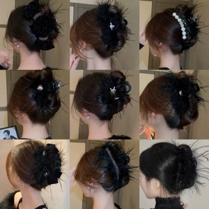 Elegant Feather Hair Claw Clip With Faux Artificial Pearl Rhinestone Ribbon Tassel For Women Party Daily Hair Accessories