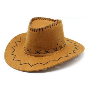Detailed close-up of a brown suede cowboy hat featuring black hand-stitched decorative seams
