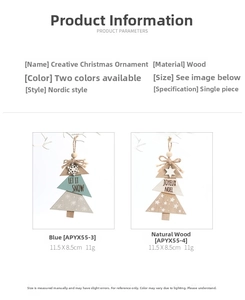 Detail view of 11.5x8.5cm wooden Christmas ornaments in blue and natural wood colors