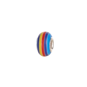 Detail of colorful striped resin beads with silver metal core for DIY bracelet making