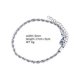 Bracelet chaîne corde 3mm en acier inoxydable argenté avec fermoir mousqueton robuste