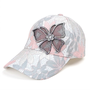 Pink and grey floral lace baseball cap with a sparkling rhinestone butterfly ornament