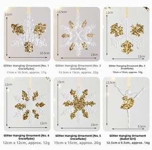 Detailed grid showing acrylic Christmas snowflake and ballerina pendants with gold sequins