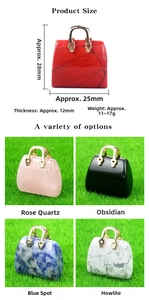 Size guide for mini natural crystal handbag charms in rose quartz and obsidian