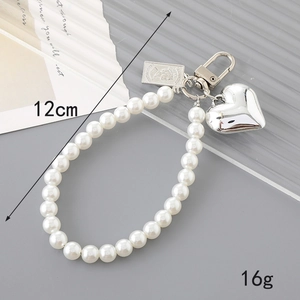Beaded pearl charm with silver heart and rectangle pendant 12cm keychain accessory