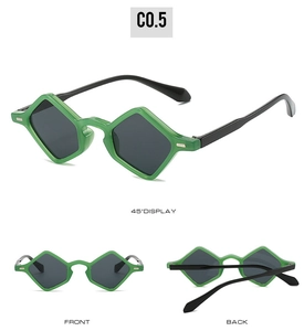 Three-view display of green geometric sunglasses with dark grey lenses and black temples