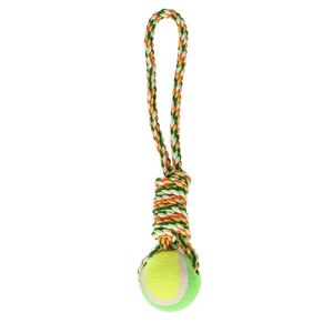 Detail of durable cotton rope dog toy with tennis ball for pet dental care and play