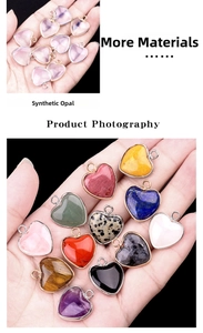 Detailed close-up of heart-shaped amethyst and agate gemstone pendants with metal plating